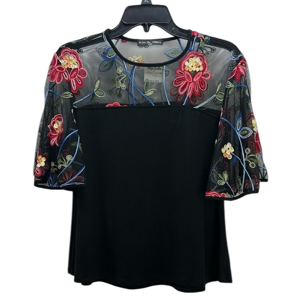 Kim & Cami Black Floral Embroidered‎ Top S Sheer Flutter Sleeves/Yoke Stretch